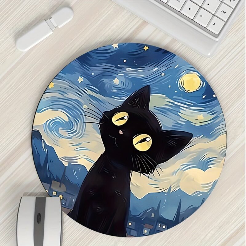 Black Cat Starry Night Mouse Pad